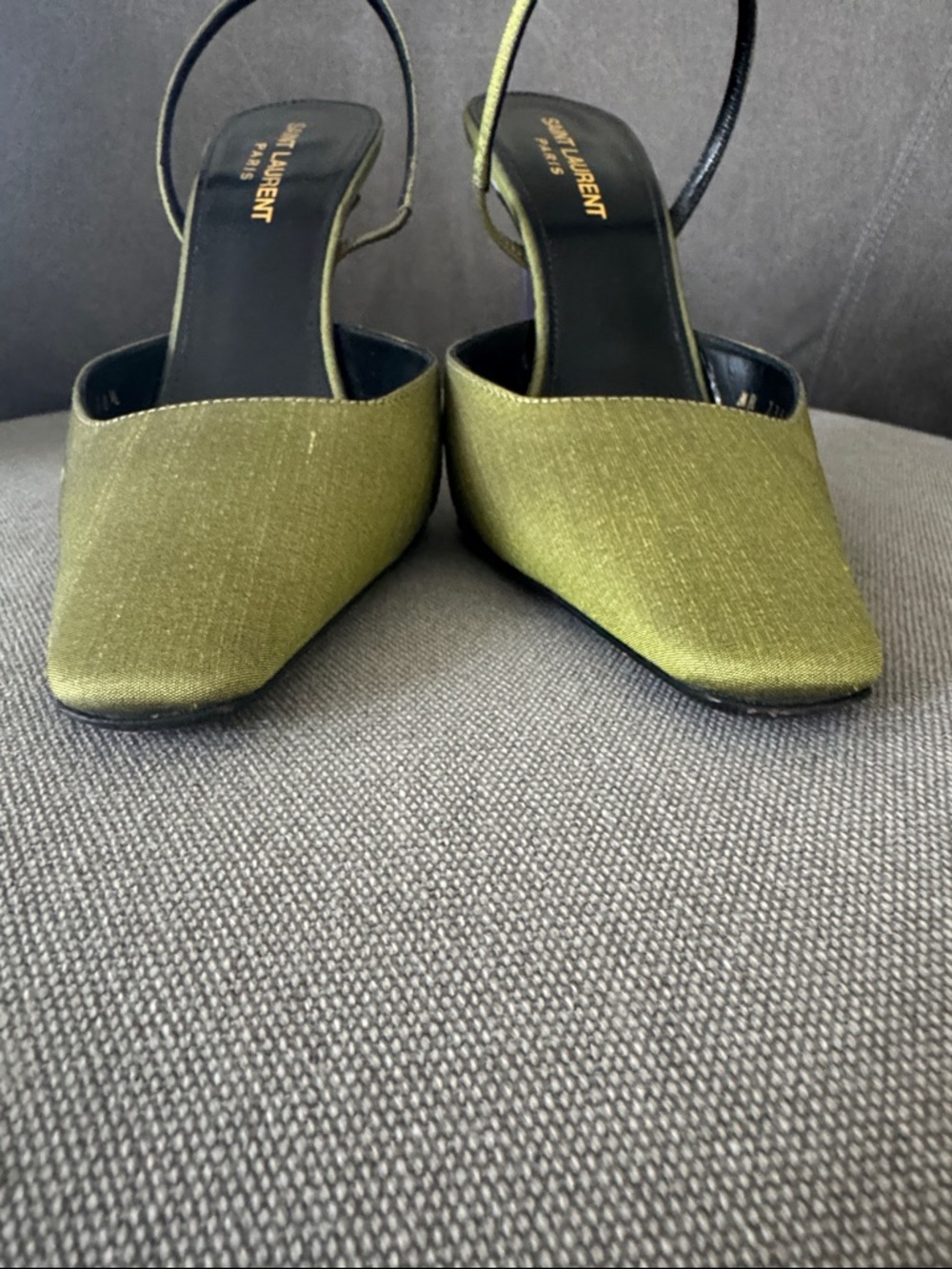 Saint Laurent Chartreuse Green Pointed Slingback Heels with Lilac Block Heels - Picture 5 of 9
